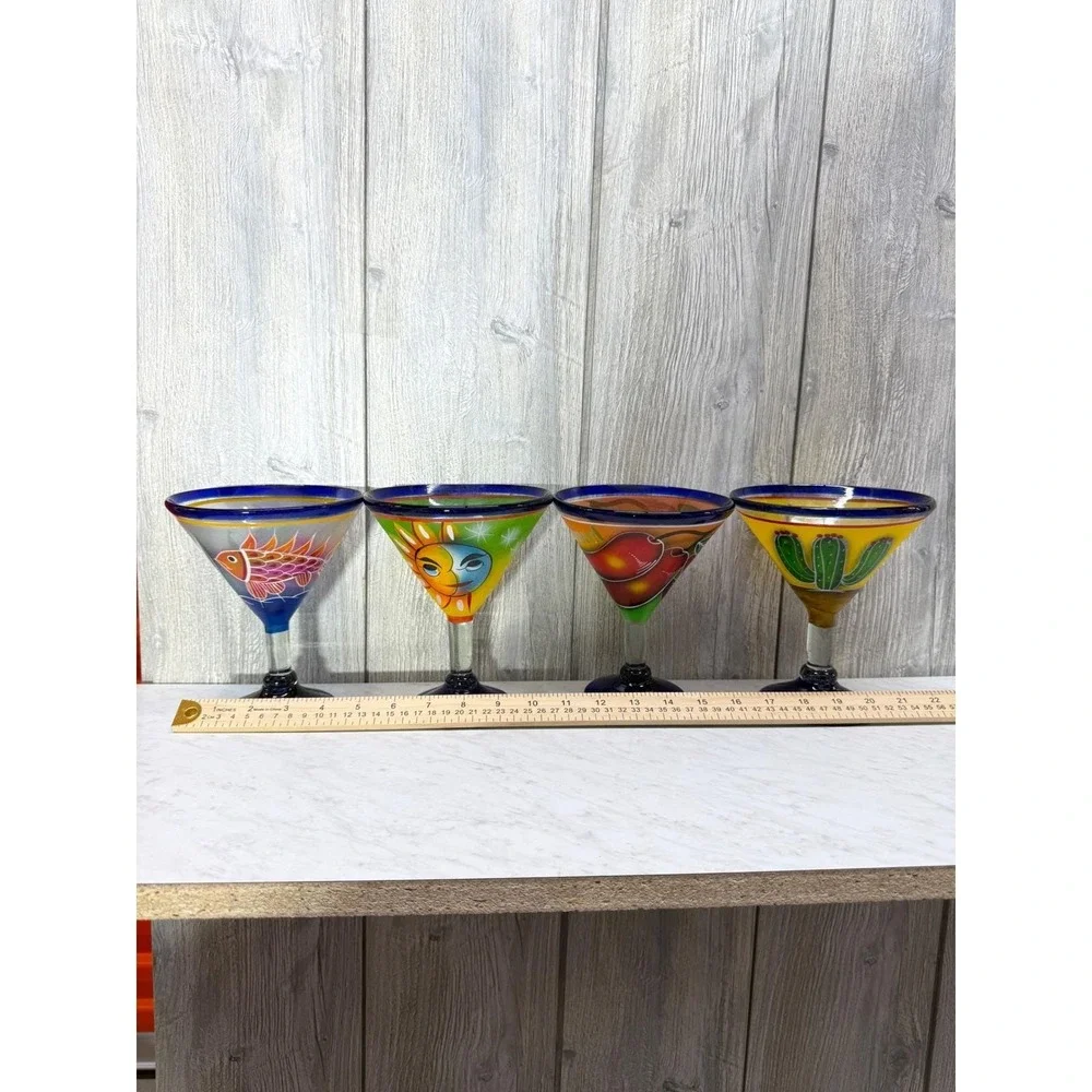 Set of 4 Hand Painted Mexican Martini Glasses Cozumel Cobalt Blue Rim 7in